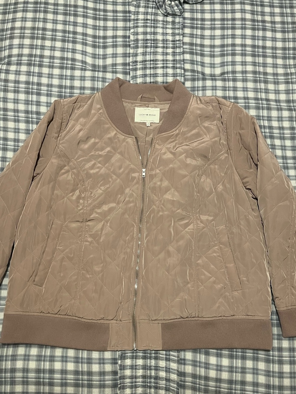 Lucky Brand Quilted Bomber Jacket in Mauve Taupe